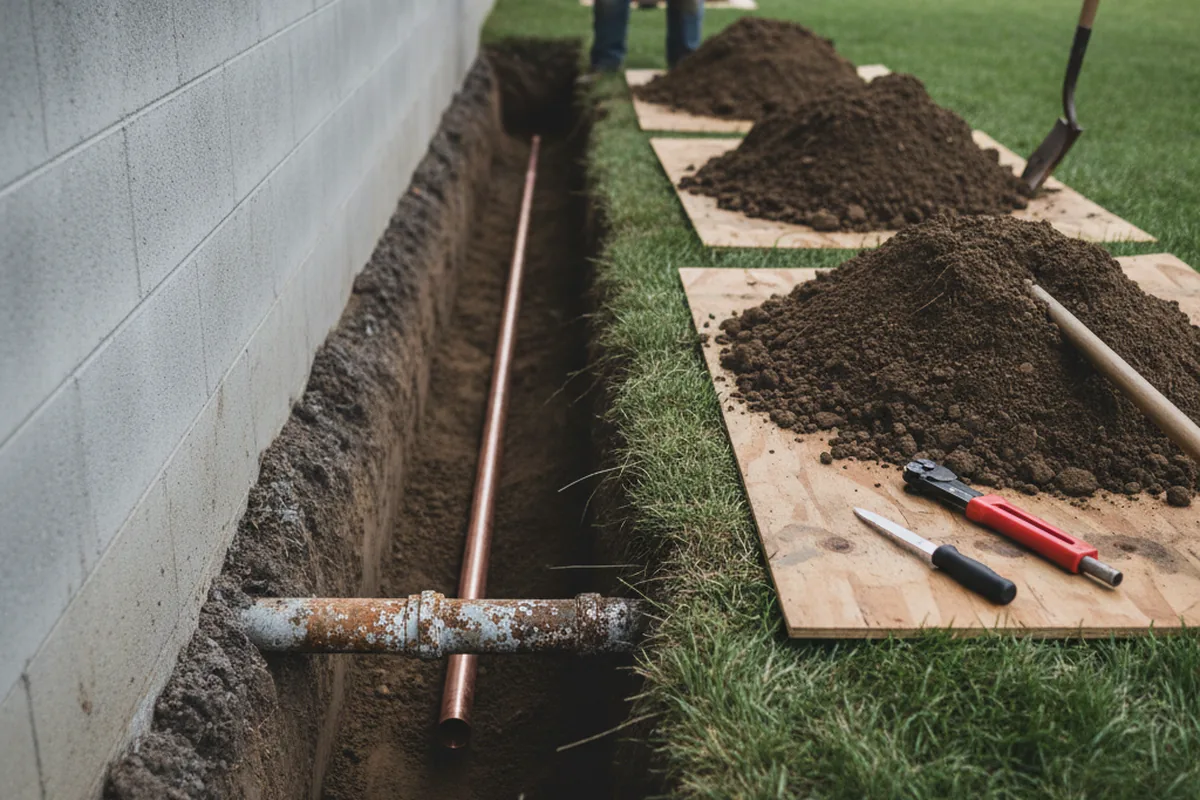 Excavated water line trench during Water Heater Repair in Pearlington